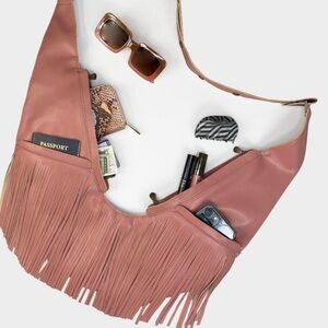 Sash bag pink dusty rose faux leather fringe